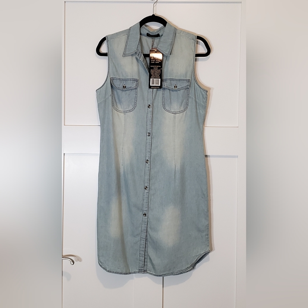 Ocean Blue New Chambray Button Down Sleeveless Midi Dress Fading Soft Size Large